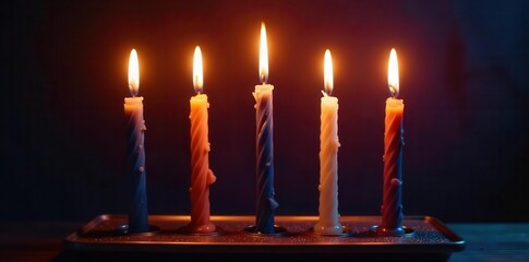 Seven brightly burning Hanukkah candles illuminate a menorah , gold, night, light
