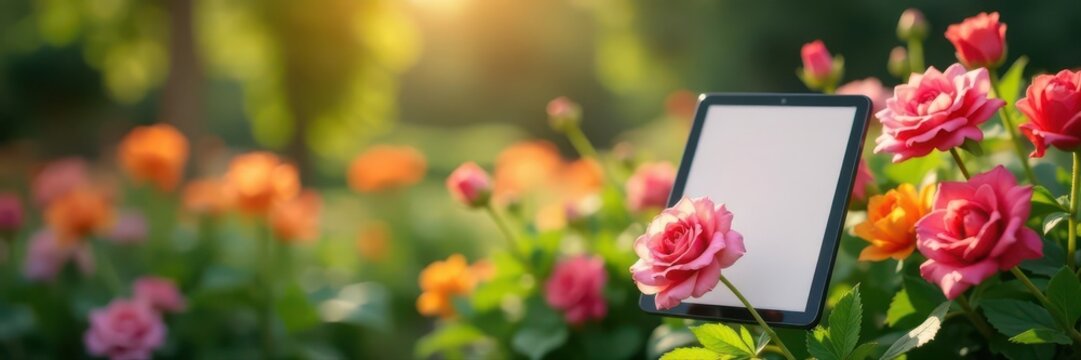 Vertical blank tablet in garden, blooming flowers , bloom, spring