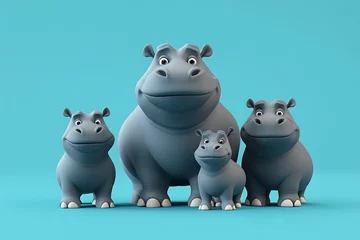 Fototapeten A playful family of cartoon hippos standing together against a vibrant blue background © Mariani