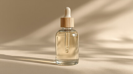 Naklejka premium Simple glass serum bottle with pipette, featuring wooden cap, is elegantly displayed against soft, neutral background. light creates gentle shadows, enhancing serene atmosphere