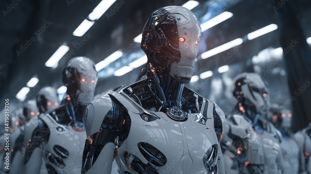 Poster a team of cyborg robots works with a virtual 3d interface in cyberspace. an anthropomorphic bionic a