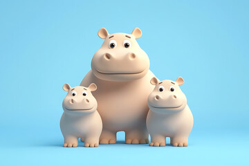 Naklejka premium Three cartoon hippos standing together on a light blue background, showcasing their playful nature