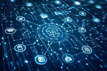 Abstract representation of global network with connected digital icons in a futuristic design