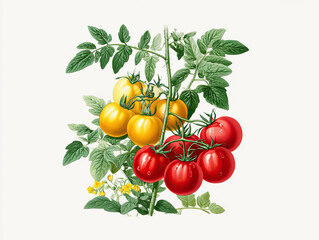 Vivid illustration of ripe yellow and red tomatoes on vine with lush green leaves and small yellow flowers, showcasing fresh, healthy produce in botanical style