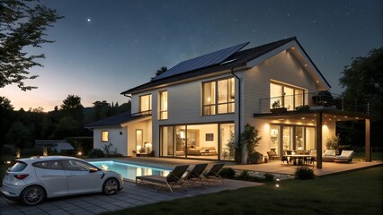 Modern luxury house with pool, solar panels, and an electric car at night