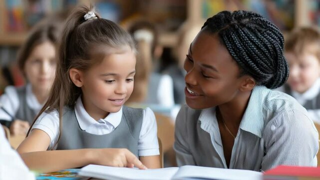 Enthusiastic teacher engages with student during reading activity in classroom setting