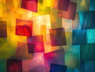 Fototapeta premium Abstract square art installation with colorful translucent panels in red yellow blue and green hues