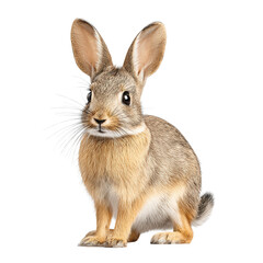 A cute brown rabbit with long ears is sitting on white background alone.