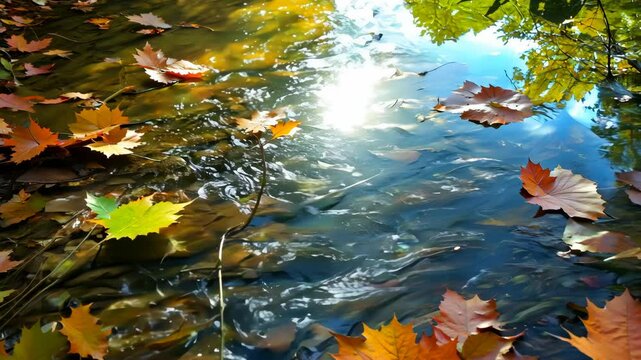 Autumn leaves gently float downstream in sunlit forest stream
