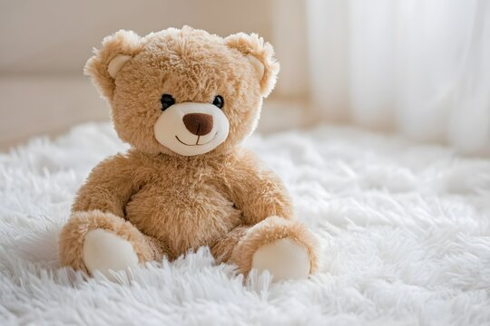 Adorable brown teddy bear sitting on fluffy white carpet in a brightly lit room for comfort