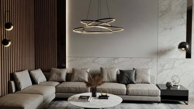 A modern living room interior with a large sofa, decorative lighting, and a marble accent wall