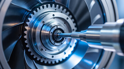 Close-Up View of a Precision Engine Component with High-Tech Machinery Background