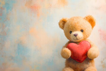 Adorable teddy bear embracing a red heart against a soft and colorful painted backdrop