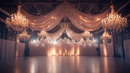 Elegant indoor event space with chandeliers and drapes