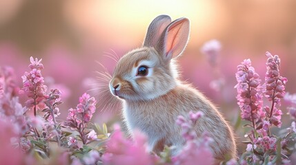 Fototapeta premium Adorable bunny in a field of pink flowers