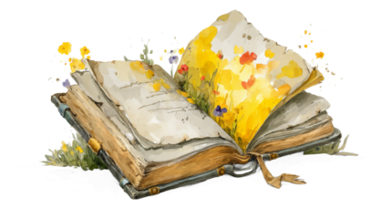 Discover the Magic of an Open Book with Watercolor Flowers and Glowing Script Pages Turning Themselves