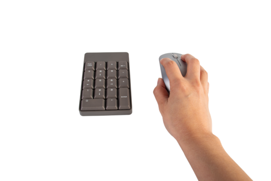 Bourne key contact numbers and Hand and computer mouse wireless in hand on a transparent background.