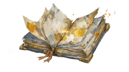A Captivating Open Book with Watercolor Flowers and Illuminating Runes, Adorned with a Bookmark and Floating Pages in a Fantasy Setting