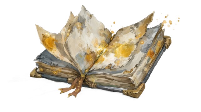 A Captivating Open Book with Watercolor Flowers and Illuminating Runes, Adorned with a Bookmark and Floating Pages in a Fantasy Setting