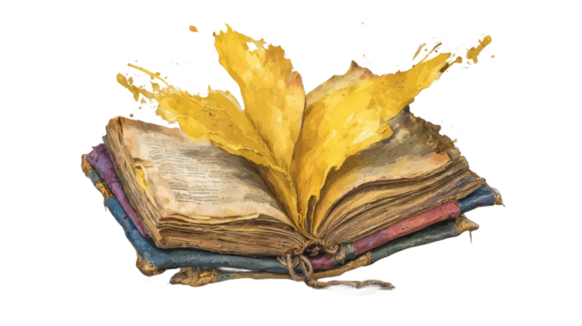 Enchanting Open Book with Watercolor Flowers Surrounded by a Yellow Leaf and Radiant Light Floating Slightly Above the Ground