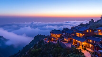 Misty mountaintop village at dawn.