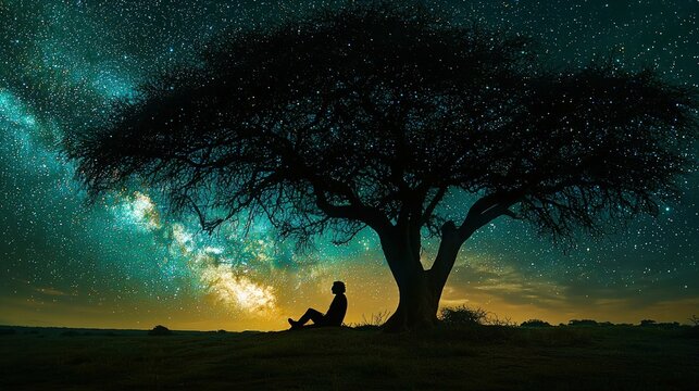 Silhouette person under tree starry night