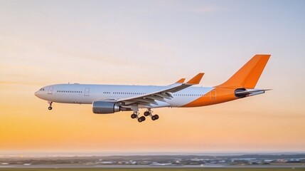 Commercial jetliner descending at sunset over a runway.