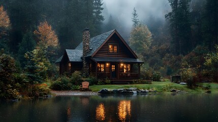 Fototapeta premium Beautifully Crafted Wooden House Beside Idyllic Forest Lake with Wraparound Porch Peaceful and Serene Countryside Landscape with Cozy Cabin Retreat Nestled in Natural Environment