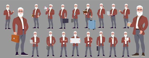 Man Character design. Front, side, back view and explainer animation poses. Character set with lip sync and facial expressions of Happy, angry, sad, Joy with Side walk cycle animation sequence sprite 