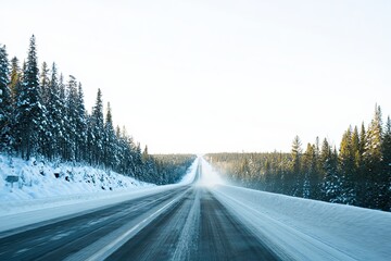 Obraz premium Open road stretches through snowy winter forest under a bright white sky