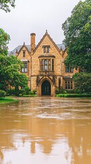 Obraz premium Flooded Stone Mansion Home Exterior in Overcast Weather Establishing Shot in Midwest USA