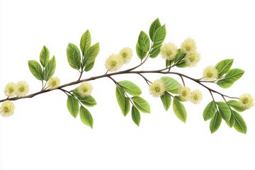 Mimosa branch with small buds and green leaves ideal for botanical themes and natural cosmetics branding