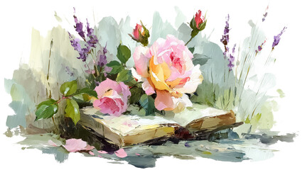 Obraz premium A Stunning Watercolor Illustration of an Open Antique Book Surrounded by Beautiful Pink Roses and Vivid Flowers That Evoke Creativity and Imagination