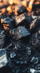 Fototapeta premium Macro Close-Up of Shiny Coal Pieces in Pile at Sunset, Energy Resource, Dark and Moody, Industrial Material