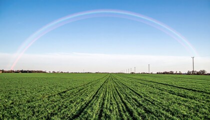 Vibrant rainbow over lush green field rural landscape nature photography sunny day panoramic view