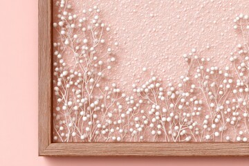 Fototapeta premium Delicate white floral arrangement framed in light wood.