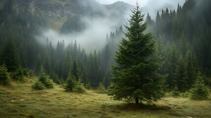 Fototapeta premium Majestic evergreen tree in a misty mountain forest.