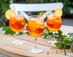 Orange cocktails with lemon on wooden table, greenery and chair suggest relaxed outdoor gathering.