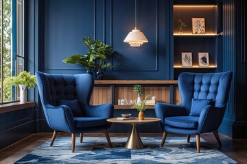 Stylish Lounge Space Featuring a Navy Blue Chair for Relaxing Conversations and Interactive Dialogues