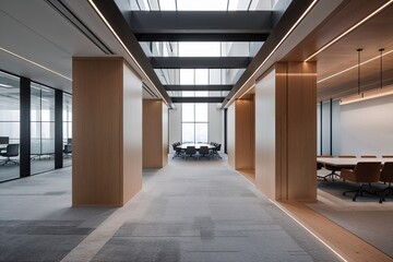 Obraz premium Minimalistic Architecture for a Spacious Contemporary Office Passageway and Meeting Suite