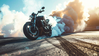 Motorcycle burnout on a racetrack creating smoke with blue sky above on a sunny day