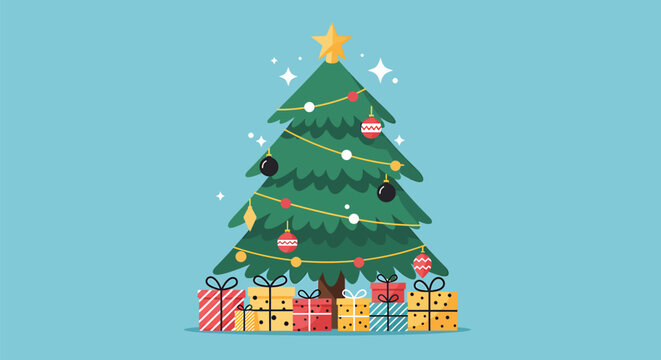 Flat Vector Christmas Tree with Gifts - Powered by Adobe