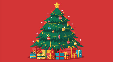 Flat Vector Christmas Tree with Gifts