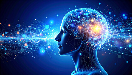 An abstract human head dissolving into particles of light and code, floating memory orbs, digital consciousness uploading to the cloud, dark surreal tech setting