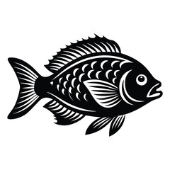 Tropical River Fish Designs in Black and White Coastal Characters Black Vector Fish Icons, Tilapia fish silhouette vector illustration