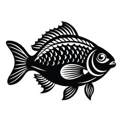 Tropical River Fish Designs in Black and White Coastal Characters Black Vector Fish Icons, Tilapia fish silhouette vector illustration