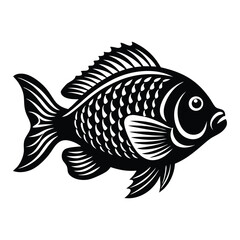Tropical River Fish Designs in Black and White Coastal Characters Black Vector Fish Icons, Tilapia fish silhouette vector illustration