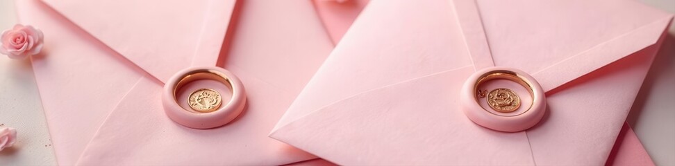 Pastel pink wedding envelopes, wax seal, gold rings, invitation , spring, modern, premium