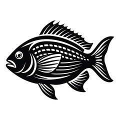 Tropical River Fish Designs in Black and White Coastal Characters Black Vector Fish Icons, Tilapia fish silhouette vector illustration