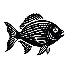 Tropical River Fish Designs in Black and White Coastal Characters Black Vector Fish Icons, Tilapia fish silhouette vector illustration
